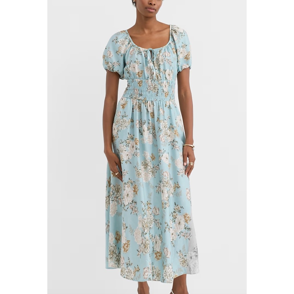 LOFT Blue Floral Tiered Smocked Waist Midi Dress XL cottage fall light blue‎
